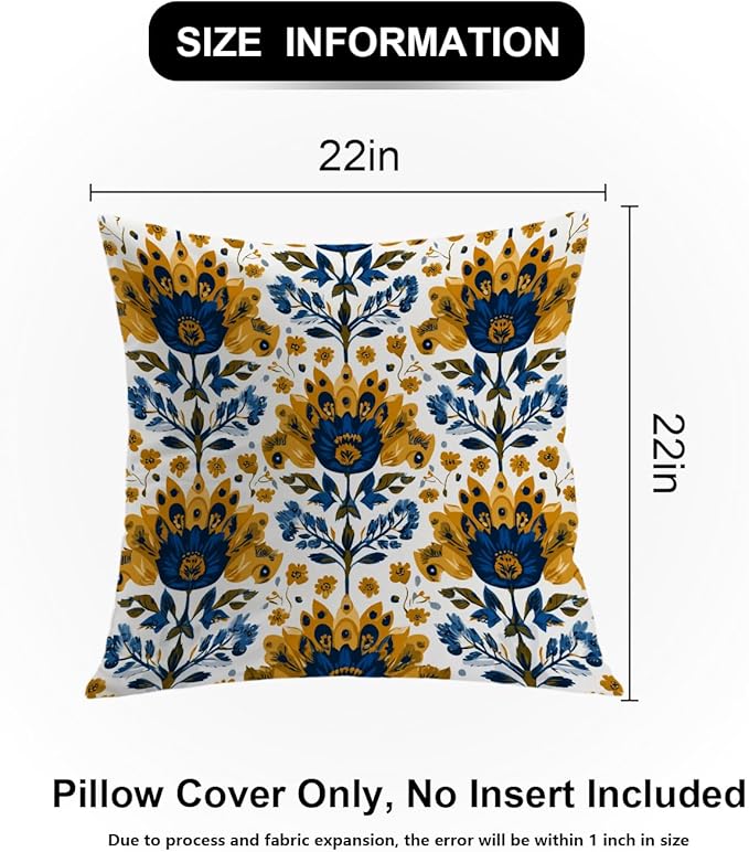 Shrahala Folk Art Floral Motifs Decorative Throw Pillow Cover, Blue Yellow Floral Pattern Square Pillowcase Blended Double-Sided No Inserts for Bedroom Living Room Set of 2 (22 x 22 in)
