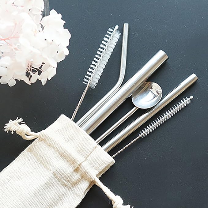 Stainless Steel Straws Spoon Drinking Straws Reusable Set of 6 Bent and Straight Cleaning Brush Included