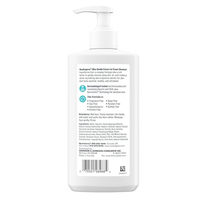Neutrogena Ultra Gentle Cream to Foaming Face Wash for Sensitive Skin, Fragrance-Free Gentle Facial Cleanser, Hypoallergenic Skin Care, Non-Comedogenic Makeup Remover, 8.5 oz