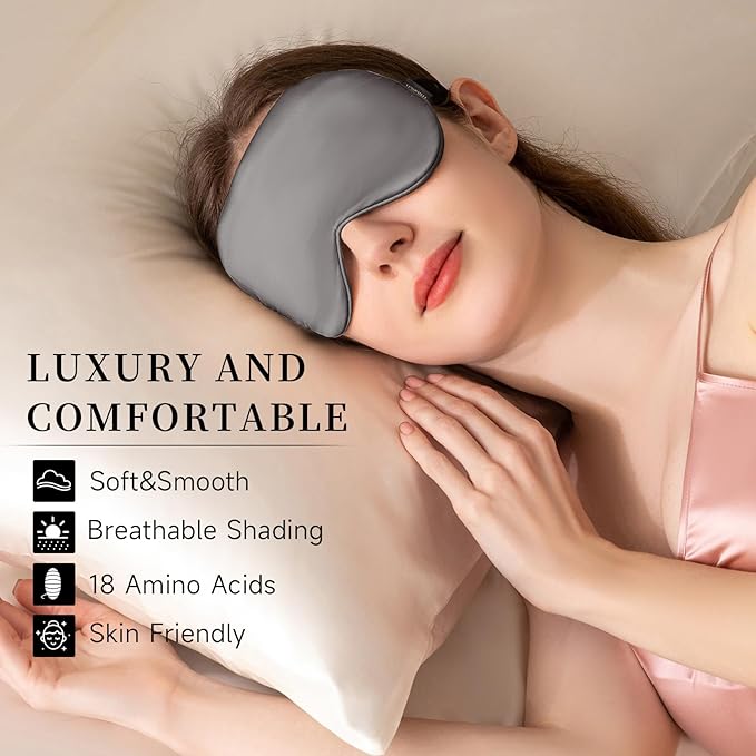 THXSILK Sleep Mask 100% 19 Momme Pure Mulberry Silk Super Smooth Cooling Sleep Eye Mask Blackout for Women/Man/Kids Eye Cover with Wide Head Strap Good Night Sleep Comfortable Travel and Nap, Charcoal