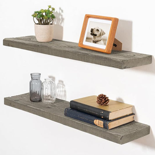 Fun Memories 30 Inch Reclaimed Wood Floating Shelves for Wall, 8 Inch Deep Rustic Farmhouse Wall Mounted Shelf with Invisible Brackets for Coffee Bar, Kitchen & Living Room, Grey