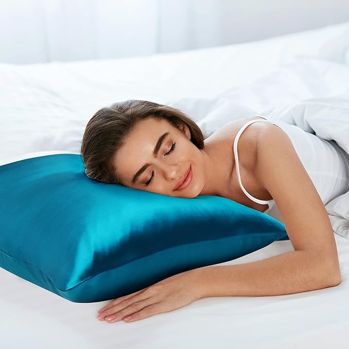 uxcell 1 Pack 100% Charmeuse Pure Silk Pillowcase for Hair and Skin, 350TC 19 Momme Soft Breathable Pillow Case with Hidden Zipper, Peacock Blue Standard(20x26inch)