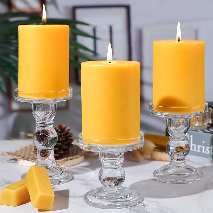 4 Packs 3" x 4" Natural Beeswax Pillar Candles,240 Hours Long Burning Emergency Candles 100% Pure Beeswax Candle,Blessed Bees Wax Candles for Home Room Paryer Parties,Smokeless & Dripless