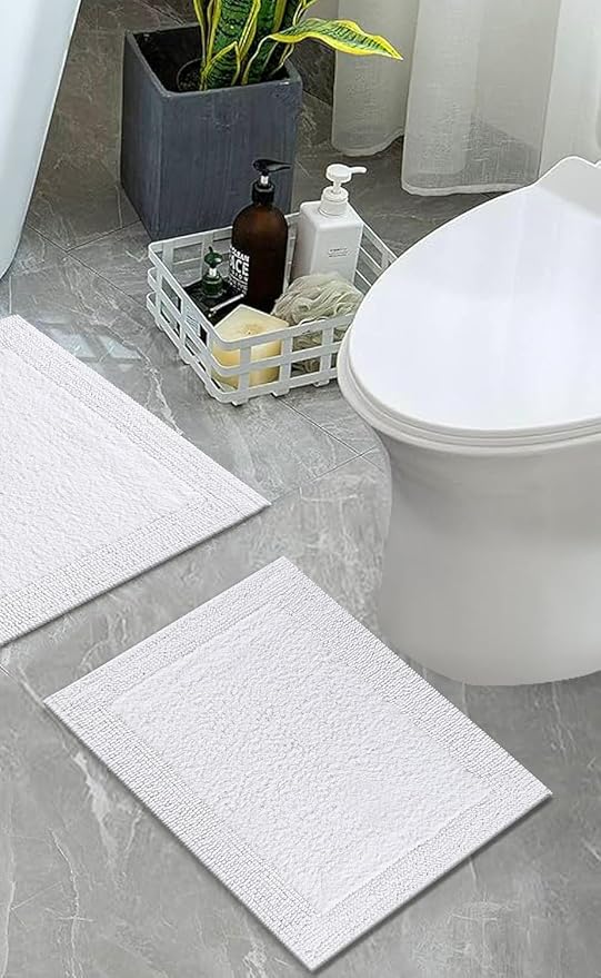 Bedding Craft Reversible White Cotton Bath Mat Rug – 17x24, Water Absorbent, Machine Washable Bathroom Rug Mat for Outside Bathtub