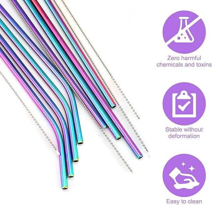 Geiserailie 8 Pieces 14 Inch Reusable Stainless Steel Straws Long Drinking Straws for 100 oz Tumblers, Extra with 4 Pieces Cleaning Brush(Rainbow)