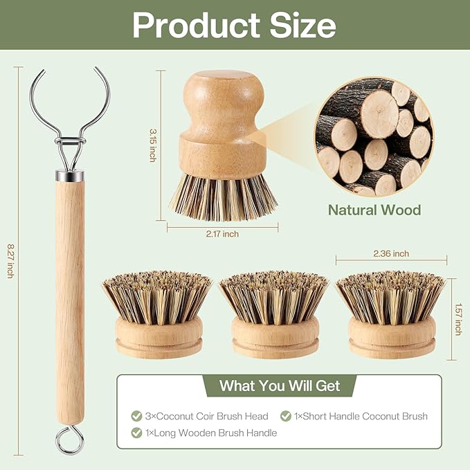 5 Pcs Bamboo Wood Dish Brush Set Includes 1 Wooden Handle with 3 Natural Replaceable Bristle Heads and 1 Handheld Bamboo Wok Brush Scrubber for Dishes Pans Pots Fruit and Veggie Washing(Style C)