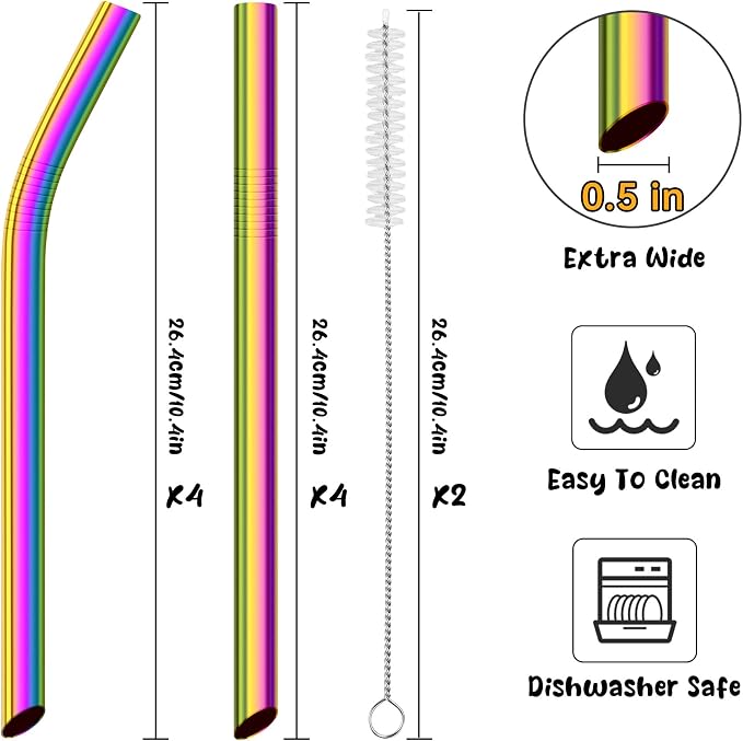 NiHome 8-Pack Stainless Steel Straws for Boba, Smoothie, 10.4” Metal Straws | 0.5'' Extra Wide Metal Reusable Straws, 4 Bent & 4 Straight Drinking Straw for Bubble Tea, Milkshake, 2 Brushes, Iridescent