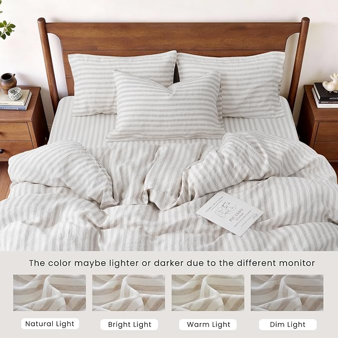 S VICTORY SYMBOL 100% Organic Linen Duvet Cover Set,Yarn Dyed Classic Beige Stripe French Natural Flax Bedding Set King Size,3pcs Farmhouse Comforter Cover Set