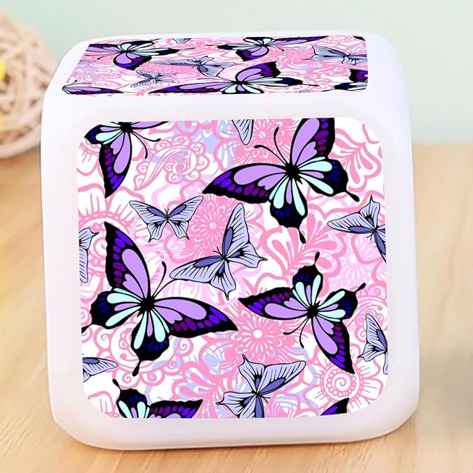 Digital Alarm Clock,Purple Butterflies with Pink Florals 7 Color Change LED Digital Alarm Clock with Date Thermometer for Toddlers,Girls and Boys