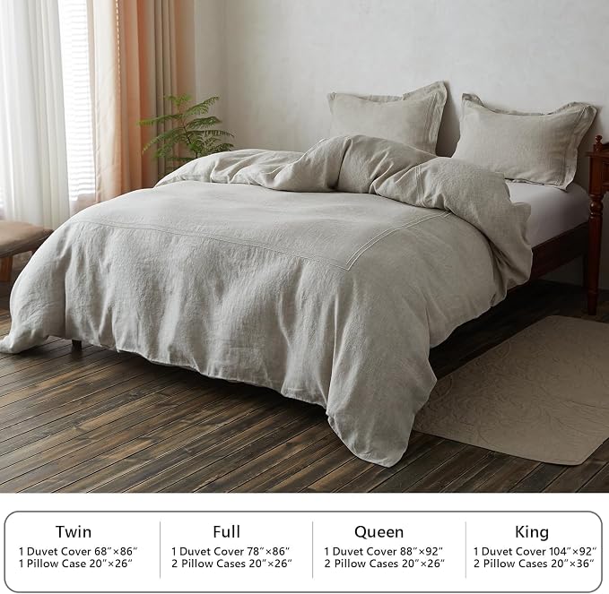 Simple&Opulence 100% Washed Linen Duvet Cover Set 68"x86" - 2 Pieces Soft Farmhouse Comforter Set Double Embroidered with Button Closure - 1 Duvet Cover and 1 Pillowsham (Linen, Twin)