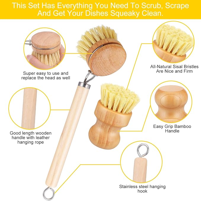 9 Pcs Bamboo Dish Brush Set, Multifunctional Dishwashing Scrubber with Natural Sisal Bristles, Wooden Dish Brush for Cleaning Pots, Dishes, Pans, Vegetables