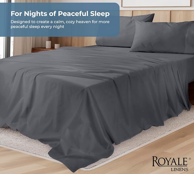 ROYALE LINENS 100% Organic Cotton Full Sheet Set - Percale Weave - 4 Pieces Set - 1 Flat, 1 Deep Pocket Fitted Sheet and 2 Pillowcases - Grey Bed Sheets - Sábanas Full - Crisp Cool (Grey)