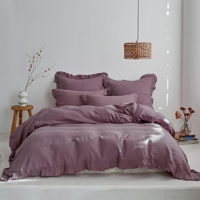 Simple&Opulence 100% Linen Euro Sham Covers with Ruffle, 26x26 Inch Pillow Covers Set of 2, Euro Pillow Shams for Bed Couch French Home Decor Luxury and Breathable Square Pillow Cases, Purple