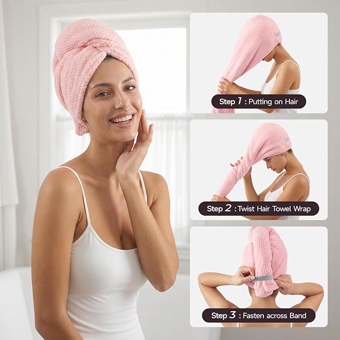 REDKISS Microfiber Hair Towel Wrap for Women, Double Sided Hair Towels with Elastic Strap, Super Absorbent Quick Dry Hair Drying Towel for Long, Thick, Curly Hair, Anti-Frizz Turban (Pink & White)