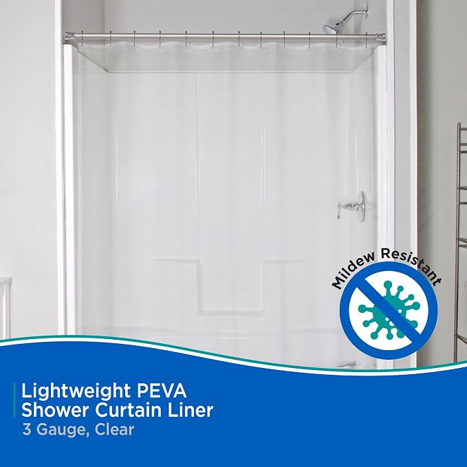 Kenney KN61433 Lightweight 3 Gauge Waterproof PEVA Shower Curtain Liner with Durable Eyelet Hang Holes and Weighted Magnetic Hem for Bathroom, 70" W x 72" H, Clear, 1-Pack