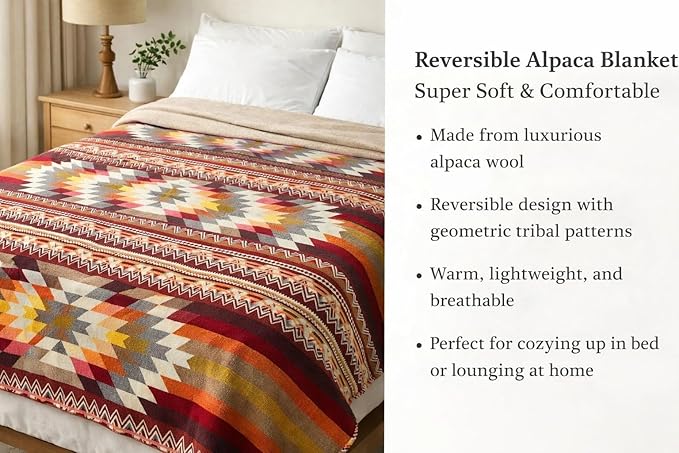 Alpaca Wool Blanket Queen 94x78 in | Ultra Soft, Non-Itchy & Breathable | Premium Alpaca Blanket | Warm, Hypoallergenic Natural Fiber | Handmade Luxury Throw for Bed or Sofa (Brown and Orange)