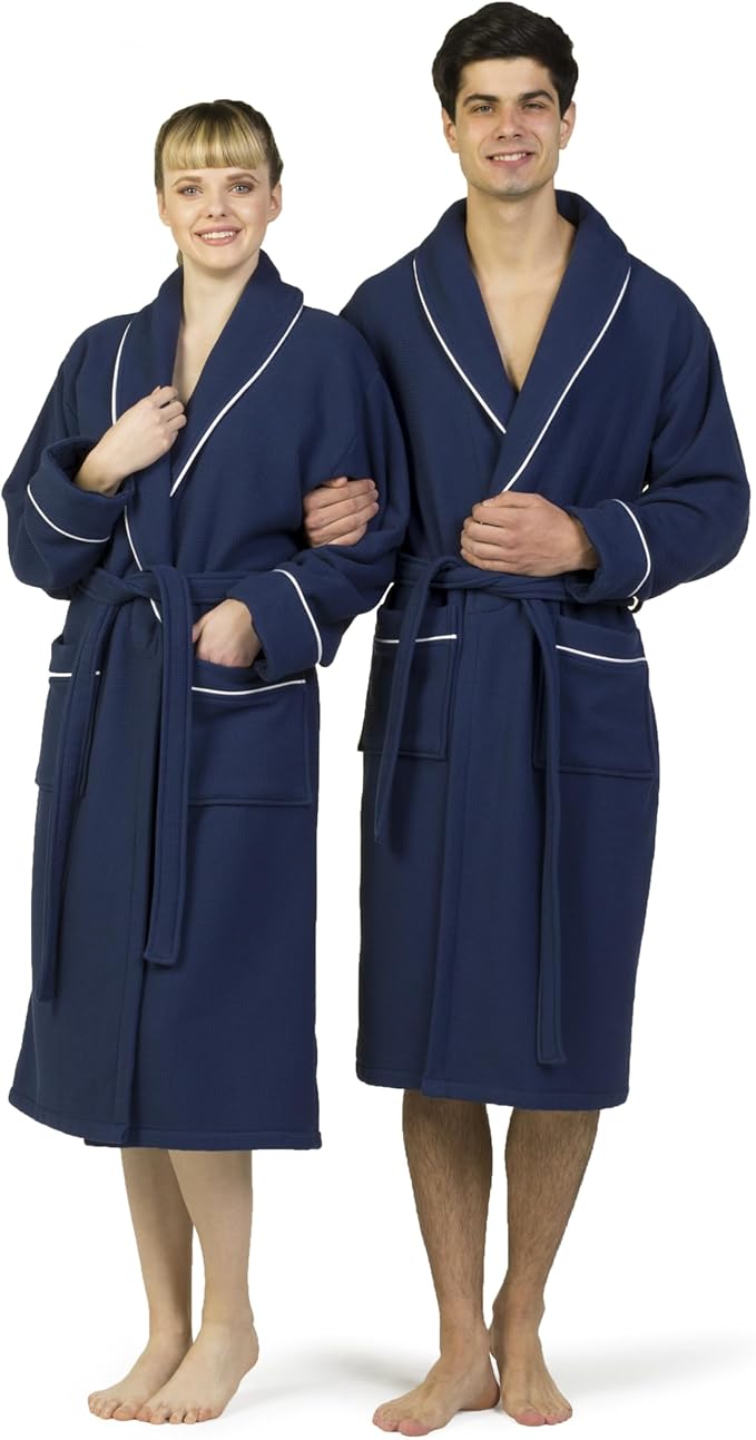 Luxury Turkish Cotton Bathrobe for Women & Men, Waffle Terry Shawl Collar Spa Robe with Satin Trim & Pockets
