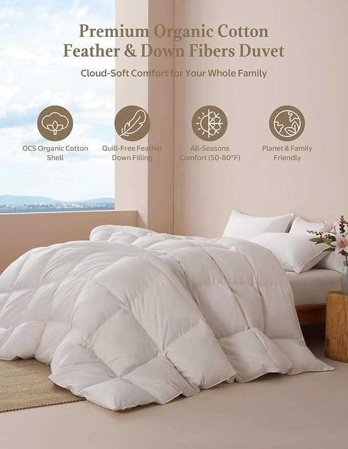 APSMILE Goose Feather Down Fibers Comforter California King Size, Organic Cotton Duvet Insert, All Season Warmth, Baffle Box, Quill-Free Soft Fluffy Hotel Bed Comforter (Ivory White, 104x96 Inch)