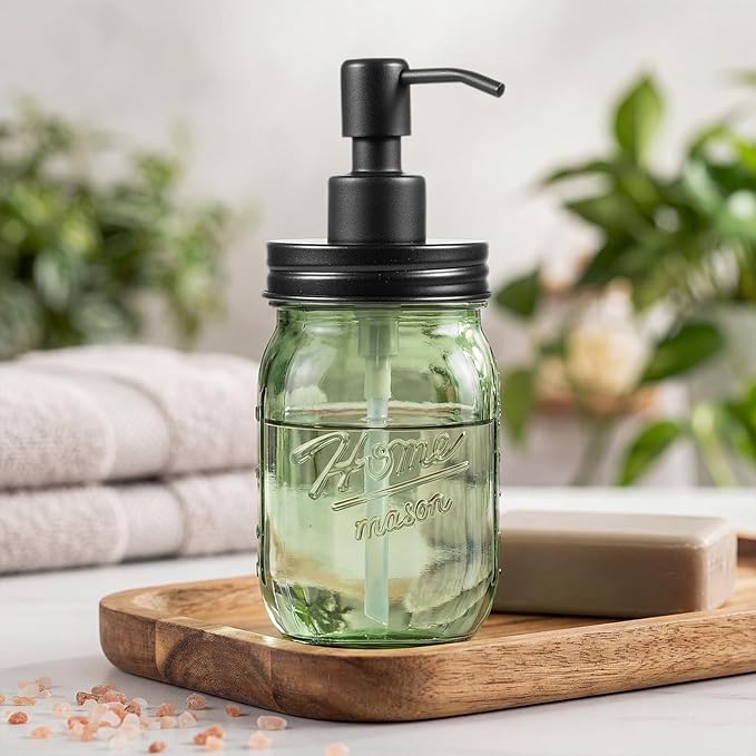 Amolliar 16OZ Green Glass Mason Jar Liquid Soap Dispenser Bundle With Amber Glass Qtip Holder, Apothecary Jars with Matte Black Metal Lid & Stickers-Bathroom Qtip Dispenser Storage Organizer Set