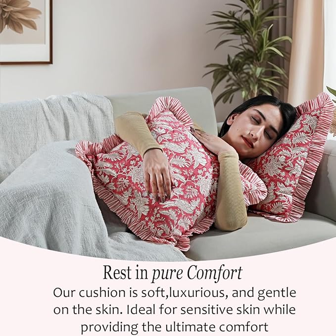 CPC Block Print Ruffle Throw Cover Pink Coral 16"x16" Inch Pack of 2-100% Cotton Ruffle Couch Decorative Boho Pillows Case for Living Room, Bedroom, Sofa, Farmhouse Gift for Spring, Mother's Day