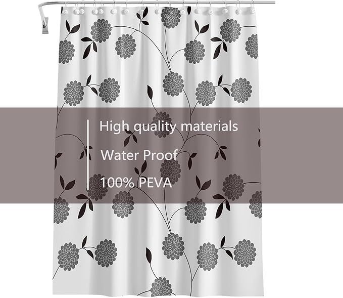 TIKABC Shower Curtain Liner, 4G PEVA Black and White Tree Flower Shower Liner, Plastic Waterproof Shower Curtains, 72x72 inch with Grommet Holes 3 Magnetic Weights