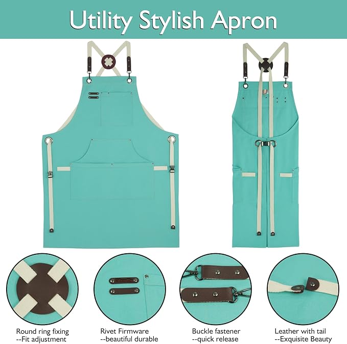 10 Pack Kitchen Aprons, Work Apron, Canvas, Multiple Pockets, Gardening, Painting, BBQ, Artist, Carpenter, Sizes M to XXL, Ice Blue