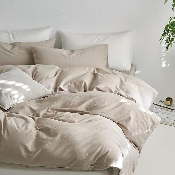 MooMee Duvet Cover Set, 100% Washed Cotton Linen Like Twill Thick Sturdy Material Super Soft Breathable Durable Bedding for All Season, 3 Pieces (Tannish Linen LikeGrey, Super Queen 90"x98")
