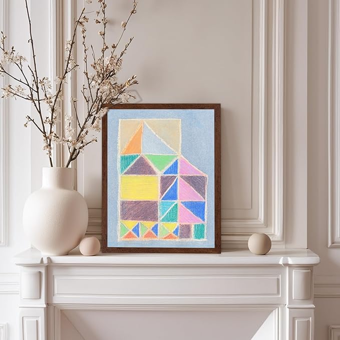 Monem Art Colorful Abstract House Painting Print - Bright Geometric Modern Art Poster - Wall Decor for Living Room, Bedroom or Office - 8x10 Brown Framed Wall Art by Renee Stramel