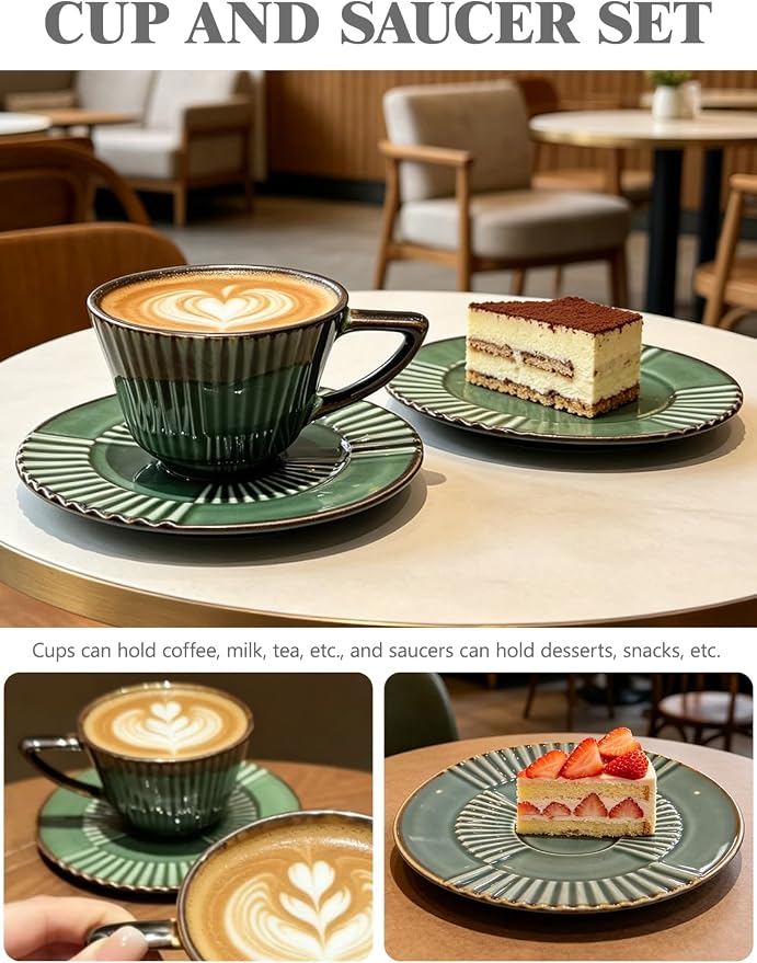Ceramic Coffee Cup and Saucer Set, 6.7 oz Espresso Cup Set with Plate, Forest Green Ceramic Tea Cup for Latte, Cappuccino, Coffee Bar and Kitchen Décor
