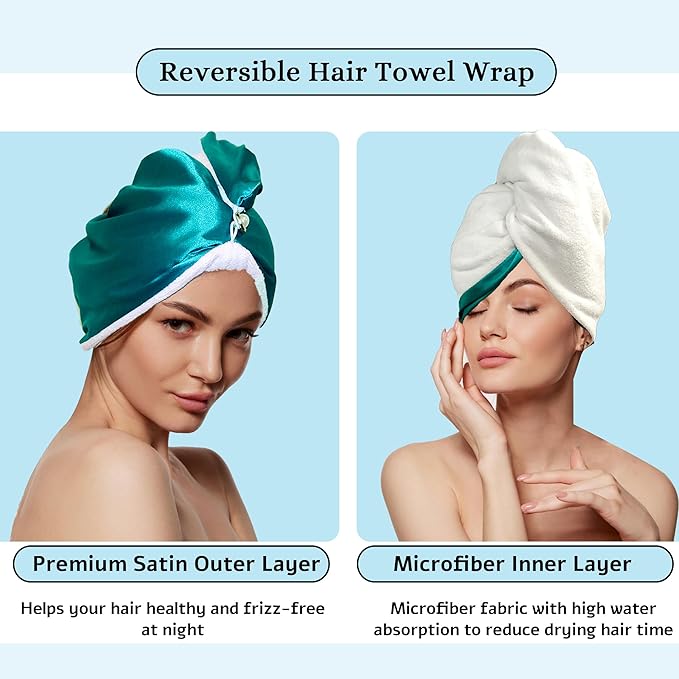Chloven Satin Microfiber Hair Towel Wrap for Women - Anti Frizz Hair Turbans for Wet Hair,Super Absorbent & Lightweight Hair Wrap Towels，Hair Drying Towel for Curly Long Hair with Button