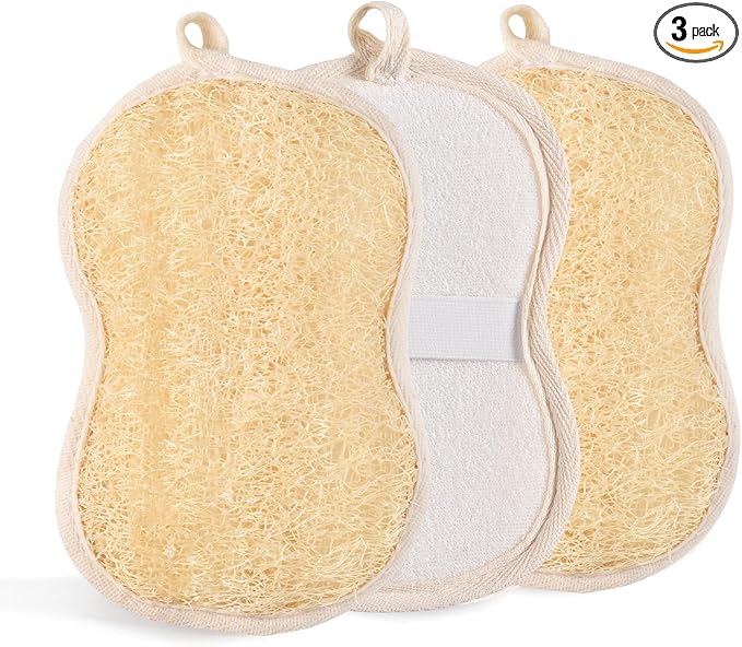 3 Pack Natural Loofah Exfoliating Body Scrubber, Biodegradable Bath Luffa Sponge, Loofas Body Scrub, Organic Loofah with Handle, Shower Loofah for Women