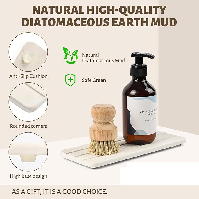 2 Pcs Fast Drying Diatomite Bathroom Tray, Grooved Design, Water Absorbing Stone,Soap Dish Holders for Bathroom Counter, Water Absorbing Stone Sink Organizer for Bathroom and Kitchen (White)