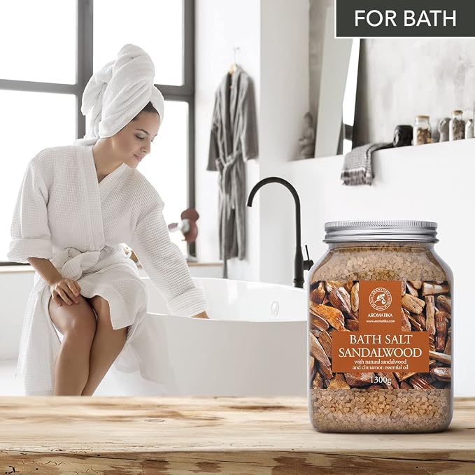 Bath Sea Salt Sandalwood 46 Oz (1300g) - Bath Salts with Sandalwood & Cinnamon Essential Oil for Bath Soak - Relaxing Bath - Muscle Relaxation - Aromatherapy Bath Salts - Sea Salt Bath