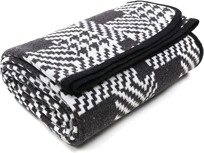 PuTian Merino Wool Blanket - 63" x 51" Thick Warm Soft Twin Bed Throw - Great for Camping, Outdoors, Travel, Car, Couch, All Seasons Houndstooth Black