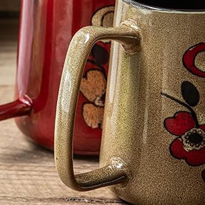 Large 24 oz Ceramic Coffee Mug with Handle, Vintage Coffee Cup, Extra Big Tea Cup for Office and Home, Dishwasher and Microwave Safe, Khaki with Red Flower,Perfect for Home and Work Gifts