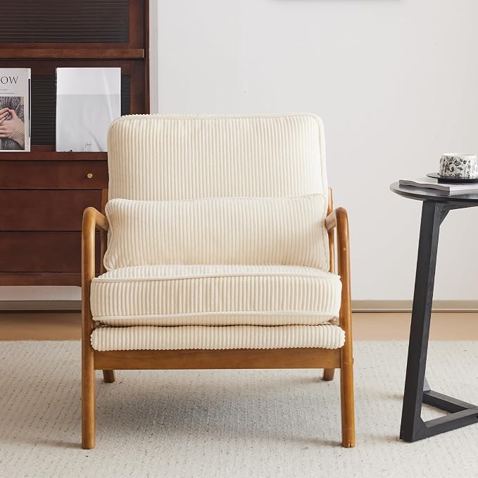 Karl home Mid-Century Modern Accent Reading Chair, Beige | Corduroy Upholstered, Solid Wood Frame, Soft Cushion, Lumbar Pillow, Lounge Armchair for Living Room, Bedroom, Balcony, Study