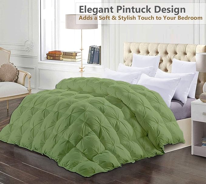 King Size Down Alternative Comforter 102x90 Inch Moss – 500 GSM Ultra Soft Breathable, Luxury Pintuck Pinch Pleat, All Season Duvet Insert with Corner Tabs, Machine Washable