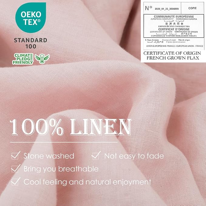 Simple&Opulence 100% Linen Duvet Cover Set 3pcs Basic Style Natural French Washed Flax Solid Color Soft Breathable Farmhouse Bedding with Button Closure - Blush Pink, Full