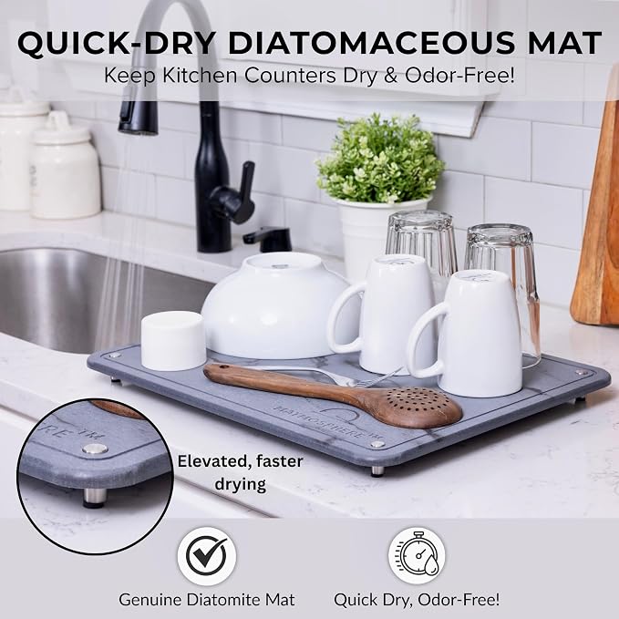 LARGE MATMOSPHERE Stone Dish Drying Mat for Kitchen Counter – Fast Absorbing Diatomaceous Mat with Stainless Steel Legs, Quick Dry, Dish Rack Mat, USA Small Business, 18”x14”, Gray Marble