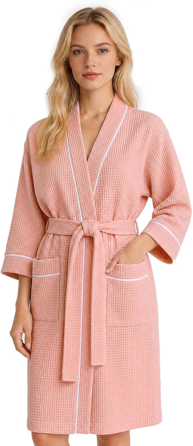 Inner Wish Women's Cotton Waffle Kimono Robe, Lightweight Quick Dry Spa Shower Robe with Pockets
