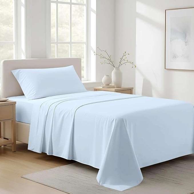 100% Organic Cotton Sheets Twin XL Size - Organic Cotton Twin XL Size Percale Weave Sheet Set (3 PC, Light Blue), Soft, Cooling, Crisp & Breathable, 16" Deep Pocket Hotel Bedding Set