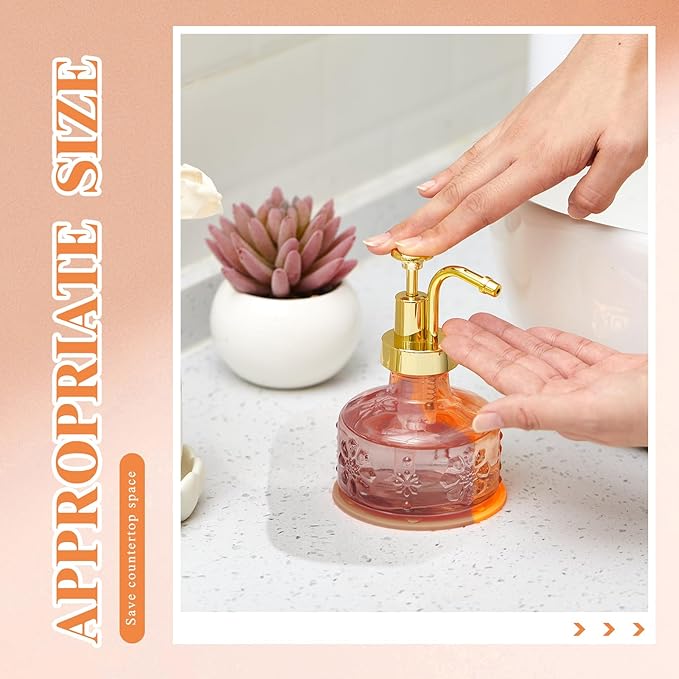 Tioncy 2 Pcs Antique Soap Dispenser Kitchen Bathroom Countertop Glass Soap Pump Dispenser Refillable Rustic Small Liquid Container with Non Slip Silicone Coaster(Orange)
