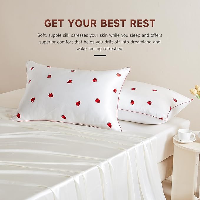 THXSILK Set of 2 Natural Mulberry Silk Pillowcase Hypoallergenic Zipper Pillow Case - Grade 6A+ Mulberry Real Silk Pillowcase Organic Silk Pillow Cover (White Strawberry, Queen Size 20"x30")