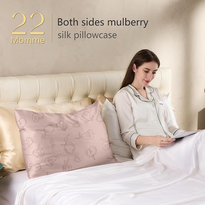 ZIMASILK 22 Momme Silk Pillowcase for Hair and Skin, 100% Mulberry Silk with Hidden Zipper, Grade 6A Luxury Pillow Case for Women, Soft & Durable, Gift Box (Queen 20"x30" Pink - Fruit Line Art)