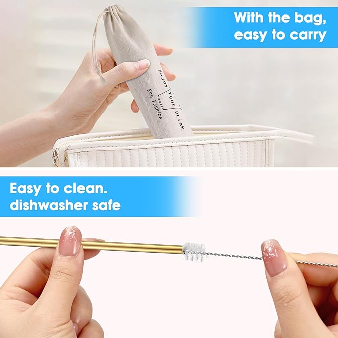 20 Pcs Gold Reusable Stainless Steel Straws,10.5" & 8.5" Reusable Drinking Straws with 20 Silicone Tips 5 Straw Brushes 1 Travel Case,Eco Friendly Extra Long Metal Straw for 20 24 30 oz Tumbler