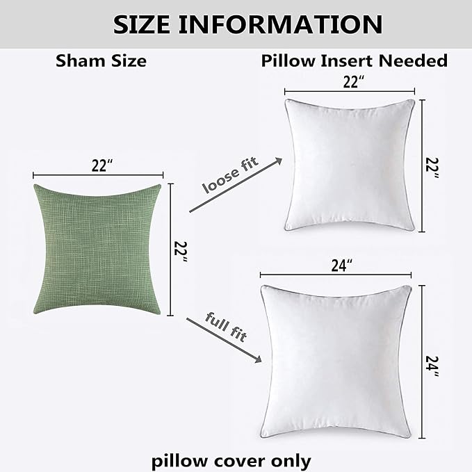 Kevin Textile Set of 2 Sage Green Pillow Covers 22 x 22 Inch Spring Farmhouse Boho Decorative Throw Pillow Covers Linen Cushion Covers for Sofa Couch Décor