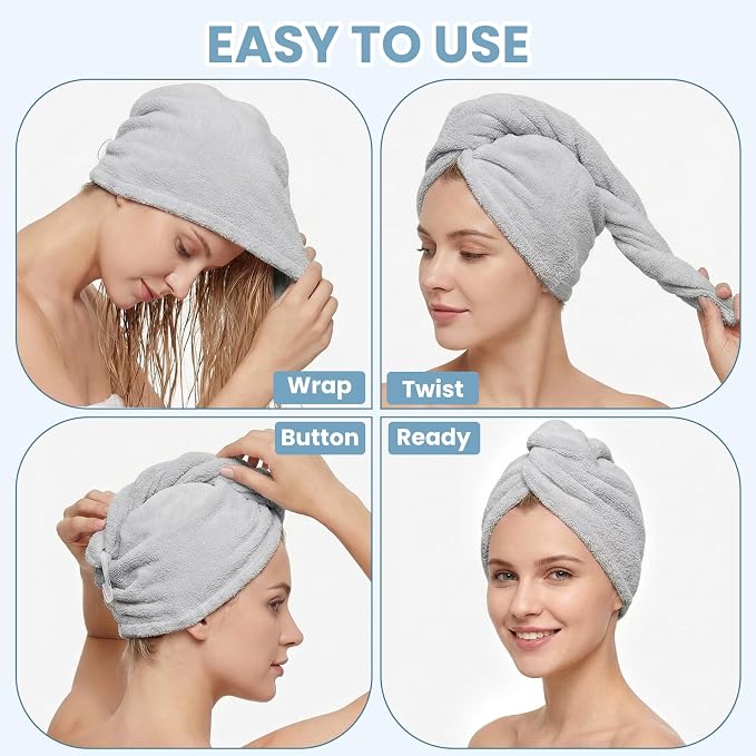Mandydov 100% Cotton Hair Towel Wrap for Women, 2 Pack Thickened & Super Absorbent Turbans, Anti Frizz Quick Dry Hair Towels (Blue, Gray)