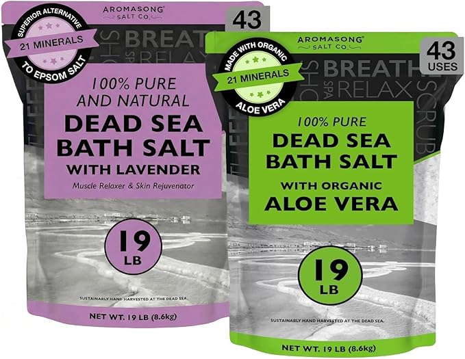 Aromasong Dead Sea Salt Bundle 19 LB Lavender & Aloe Vera - 100% Natural Spa Bath Salts for Soaking, Relaxation, Skin Rejuvenation, Detox, Body Scrub, and Muscle Relief