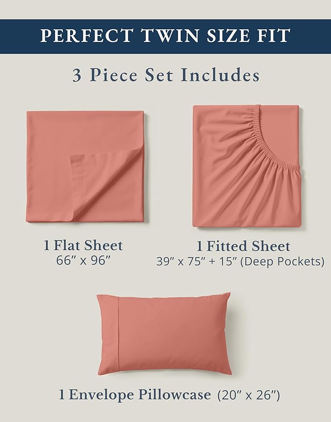 LANE LINEN 100% Organic Cotton Twin XL Sheets Set, 3-Piece Pure Organic Cotton Percale Sheets, Cotton Bedsheets, Ultra Soft Bedding Sheets, Breathable, Fits Mattress Upto 15" Deep - Rose Dawn