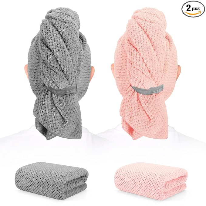 2 Pack Microfiber Hair Towel - 41 x 24 inches Super Soft, Absorbent, Fast Drying Without Frizz Hair Towel Wrap for Women Long, Thick, Curly Hair - Hair Turbans with Elastic Strap